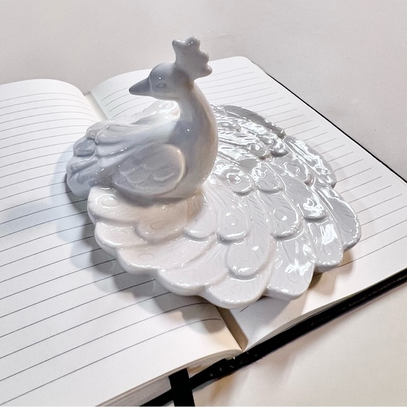 Vintage White Ceramic Peacock trinket dish accessories tray Signed imm - Picture 4 of 11